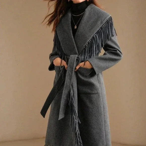 Grey Elegant Women's Faux Fur Collar Wool Blend Jacket With Fringe Trim - Picture 5 of 8